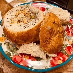 Great recipe! Added Italian seasoning, garlic powder, and onion powder to the dough. Loaded the bread bowl with loaded baked potato soup.