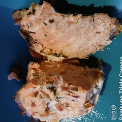 Substituted 2 Crab Cakes for 2 Salmon. Saving this part for a snack.
350F°
 Put foil in the shape of a bowl to add the ingredients to the meat. Fold the foil to cover the meat. 
 15 minutes per inch of thickness.