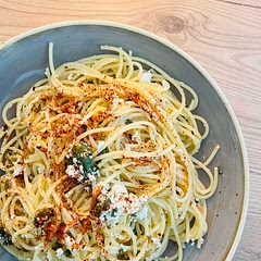 Wonderful and simple. Took twenty minutes to make, including making my own ricotta (didn’t have it at home).  Added some chili and Parmesan. The sauce is very simple to make, no cooking required. I think I added too much pasta water as I thought it’ll make the cheese more creamy. I’ll add less next time.