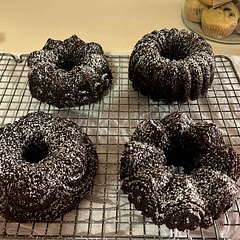 I wanted to try out my new Nordic ware small Bundt pans so I found this recipe and gave it a try. So good!  I made four small Bundt cakes and baked them about 30 minutes and they came out so great!  Moist, light, just lovely. Practicing for holiday baskets next week and I’m thrilled with both the recipe and the pans!  I didn’t make the ganache as this was more of an experiment so I just put powdered sugar on top. It doesn’t need the ganache it’s that good. I’m going to make these next week and look for a white chocolate ganache recipe so I can make it look more Christmas-y!