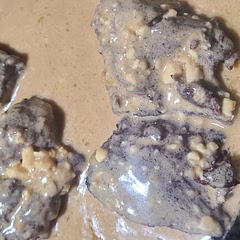 I substituted venison for beef.  Also feta for bleu cheese.  Left out the thyme because we don't like it.  I had to put the steaks in the oven for a little after frying because they were too rare.  The flavor is fantastic.