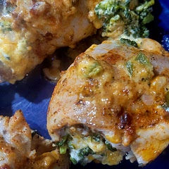 I added red onion and minced garlic to the stuffing and Italian seasoning to the chicken. Still could have had more seasoning.  Also, I used chicken thighs.
