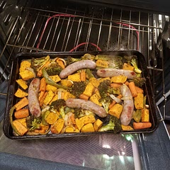 I put fry seasoning over the veggies. I added broccoli, sweet potatoes, green bell peppers, carrots and onions.
