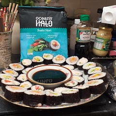 Use leftover smoked sausage, one tin of tuna and crab meat filling with 5 Nori sheets. Made enough for 4 people. Used spring onion, yellow pepper, cucumber and carrot slices. No more than 4 items in each roll as roll tends to split otherwise.