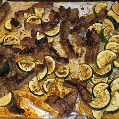 This dish was easy to make but did NOT take 10 minutes. The prep alone was 40 or so minutes. However it is absolutely delectable. Next time I will marinate the meat and zucchini a day or morning ahead.