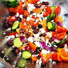 Simple & tasty. Left out the salt; There's salt in the olives & feta, no need for extra. Did add more oregano. Used kalamata; Black olives are bland & flavourless.