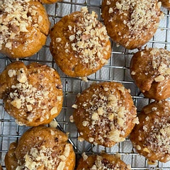 An old family favorite.  My mother died last year and I made these to “honor” her (she was an amazing cook!).  They came out delicious.  My father said they were as good as hers.  Pretty easy.  The syrup took way longer than I thought.  My father said this could be because honeys vary in thickness and moisture content.  Freeze well, but once at room temperature, they are very sticky.