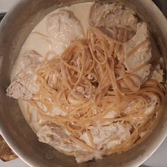 Mixed it all together so the sauce could get into the chicken.  Even my toddler liked it.