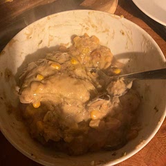 It’s all in the tea towels! Excellent fluffy drop biscuits, creamy stew. I did cream cheese instead of cream and worked just as well, would add a bit more broth next time