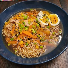 Added as many vegetables as possible and a little bit of very thinly sliced chicken. My husband loved it