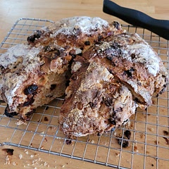 It was easy to make.  I measured all of the ingredients out ahead so mixing went well. It has a crispy crust but moist inside.   It is a dense bread.