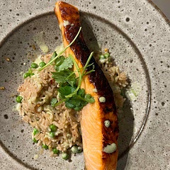 I added a clove of garlic to the tahini dressing and added peas, chilli flakes and sesame seeds to the rice.