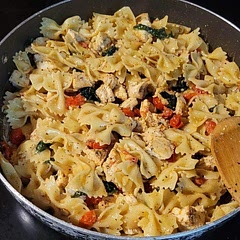 I swapped basil leaves for spinach, and served with bow tie pasta. Chicken got cut and mixed as I have kiddos. Also added a splash of milk to the sauce. I doubled the recipe so I have lunch the next couple days. So delicious
