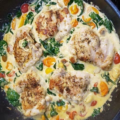 So simple and yummy! I used chicken thighs instead of breasts, so I recommend cooking a bit longer to get a nice browning effect. Mine also wasn't as red, but I assume its because I used heirloom cherry tomatoes and not just red cherry tomatoes.