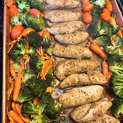 I didn’t roast the veggies 1st but cooked it all at the same time. I like more texture and crunch to my veggies and it came out perfect. 
I would recommend some salt and pepper to the chicken before placing it in the oven.
