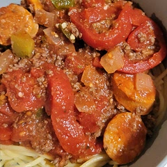 Added hot sausage and stewed tomatoes and used ground deer meat.