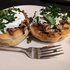 This recipe is a good concept but needs work. Should make more pancakes in a smaller size; too big and they read gummy. Filling could be a bit thicker/more gravy-like. A promising concept that we will continue to play with.