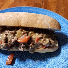 Used red bell pepper instead of green because I had one. Spouse made the hoagie rolls from scratch.