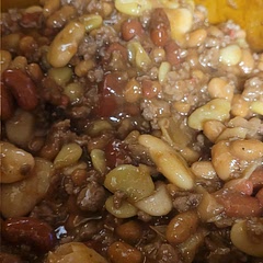 I used Truvia brown sugar to cut calories a bit and bacon bits rather than regular bacon.  Put it in the crockpot after browning the burger. Great for church potluck!