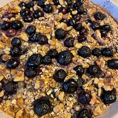 I used French vanilla creamer instead of milk, added a tablespoon of cinnamon to the dry ingredients, and sprinkled a TBS on the banana/blueberries. I baked it for 35 minutes instead of 30 and then let it sit for five minutes.