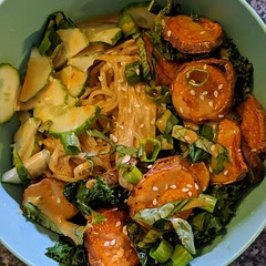 This is amazing! I added some mushrooms with the kale and sweet potatoes.  Make sure you back off of the chili paste if you're sensitive to spice or cooking for kids!  Will be making again