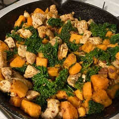 2.5 cups of chicken breast is about one lb. We doubled the sweet potatoes because our kids love them so that took longer than 7 min.  Baby and toddler ate the meal. Win!