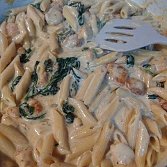 So good! I replaced the tomatoes with spinach and used diced chicken. Also added garlic and onion powder and mixed in a box of cooked penne.