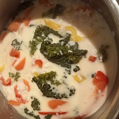 I didn't have any red curry paste, just added some sriracha sauce to it, a bit watery but with the rice it was just right.