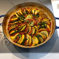 I made a red pepper sauce and placed underneath the stacked and layered vegetables.
