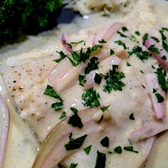 Tried this recipe to mix up the way I traditionally cook fish. Used cod, but halved the fish and doubled the sauce recipe. Was pretty good, though I feel like if it had another texture added (breadcrumbs? Panko?) It would have been much better.