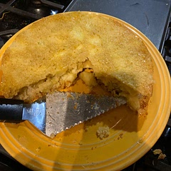 The temperature I had to try if you start at 375 and 40 minutes at high altitude it should set up. Also the list is in metric so 1/3 cup sugar, 12 Tbsp of Butter, 3/4 cup flour for the dough. Glaze is 2 Tbsp butter, 1/3 cup sugar. Mix to your consistency. Add more liquid if you need it more fluid or less dry ingredients. Have fun and try different apples we used Granny Smith.