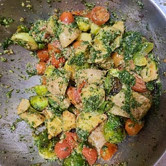 Air fried the veggies/potatoes first! Used what I had for pesto- Brazil nuts, cilantro & parsley, basil infused olive oil, and had the other items on hand