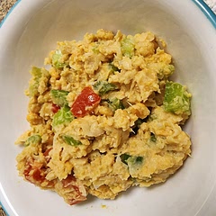Yummy homemade chickpea salad!
Boyfriend approves and says it tastes like a delicious, healthy potato salad. 😊

For veggies I used: tomatoes, celery, and bell peppers. I also used salt/pepper and dill seasoning.