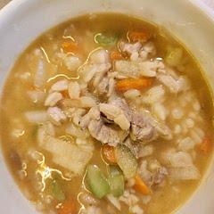 Original recipe photo is just broth and pasta for our kid. Here I've added an extra carrot,  celery, onion,  and chicken chunks for the adults.