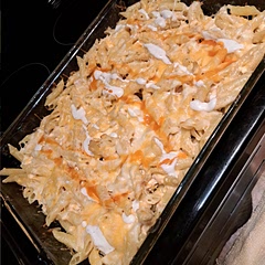 I used twice the amount of noodles, so a whole box and after reading comments put a little less hot sauce, about a 1/4 instead. My boyfriend and I loved it, makes lots of leftovers!