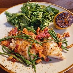 It was for lunch, so I swapped the potatoes for a green salad but was good, served with a burnt lemon. Watch out for the salt, samphire and bacon are strong flavours.