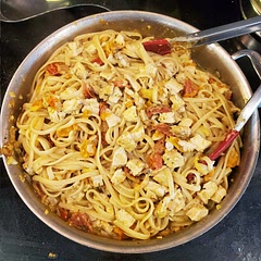 I made it with pasta and went ahead and cut up the chicken so it would be easy to eat. It was very simple and enjoyable