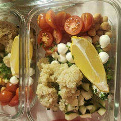 Took away a few of the ingredients that I don't like (olives) also added some mozzarella balls, feta, some lemon for acid and adding some chicken for extra protein!