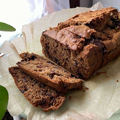 used avocado oil, oat milk, maple syrup, and 1/2 regular all-purpose and 1/2 gluten-free. added nutmeg, hint of cloves + walnuts, cacao nibs, and chocolate chips. moist but firm, not too sweet, and tastes healthy but not in a bad way at all.