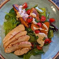 Delicious!  Omitted the chickpeas , cut the sweet potatoes in wedges as I was serving as a side, but seasoned with the same mix as the recipe. Served over lemony greens and with a turkey tenderloin