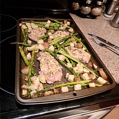 Instead of green beans I did asparagus and I did regular russet potatoes cut into bite size pieces. Oregno instead of thyme cause I didn't have any and more taste!