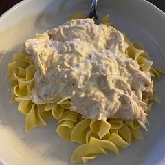 YUM. Think chicken stroganoff. Quick and easy. I had half of a container of french onion dip in my fridge so I threw that in too.