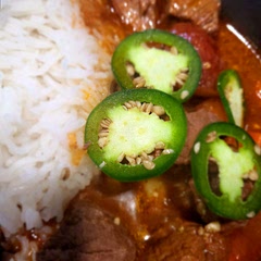I really enjoyed this recipe, though the ingredients desperately need fixing. You can't just say "one yelloe onion" "4 pieces of ginger" "2 cans broth". Personally, I diced my onion, used 4 1in long pieces of ginger which I julienned, and 24oz beef broth
