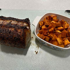 Sweet potatoes tasted pretty good. Good caramelized flavor, just needed more salt. Pork was juicy, but very bland, even the crust.