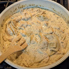 We added some ricotta to make it more Lasagna tasting. Needs something more...not sure yet what that might be. Also, could be made with other noodles.