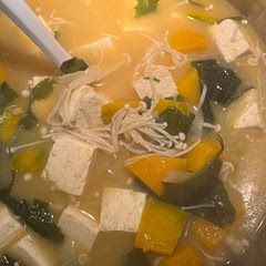 Taste as you add miso. You can use less 𝙤𝙧 add more water to make less salty.
I didn’t really measure the ingredients, so mine turned out more stew like than soupy.
I also added enoki mushrooms. 
It’s a personal preference.