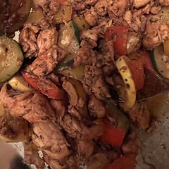 Added zucchini, squash & red peppers to the chicken. And put over rice. Did not use steak seasoning. Used cayenne pepper. Excellent.
