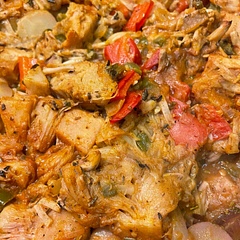 We used brined jackfruit and it would have been better to soak the jackfruit in water to make it less acidic and then to let it marinate overnight in seasoning and a sauce to make it more meat-like. Or use lions mane mushroom. Overall a very nice savory vegetable dish.