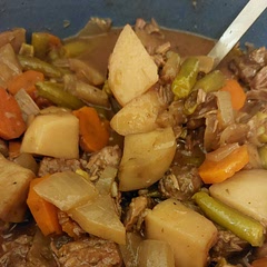 I had leftover turnip I added, and I used beans instead of peas because that's what I had on hand. I think mushrooms and or corn in this would also be really good. Oh, and parsnips. 