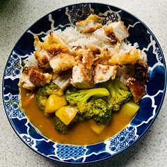 I added some grated Parmesan to the chicken crust and pan fried (instead of shallow fried). I also added brocoli to the vegies and used chicken stock.